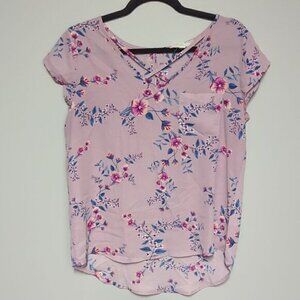 Pink Rose Purple Floral V Neck Blouse
